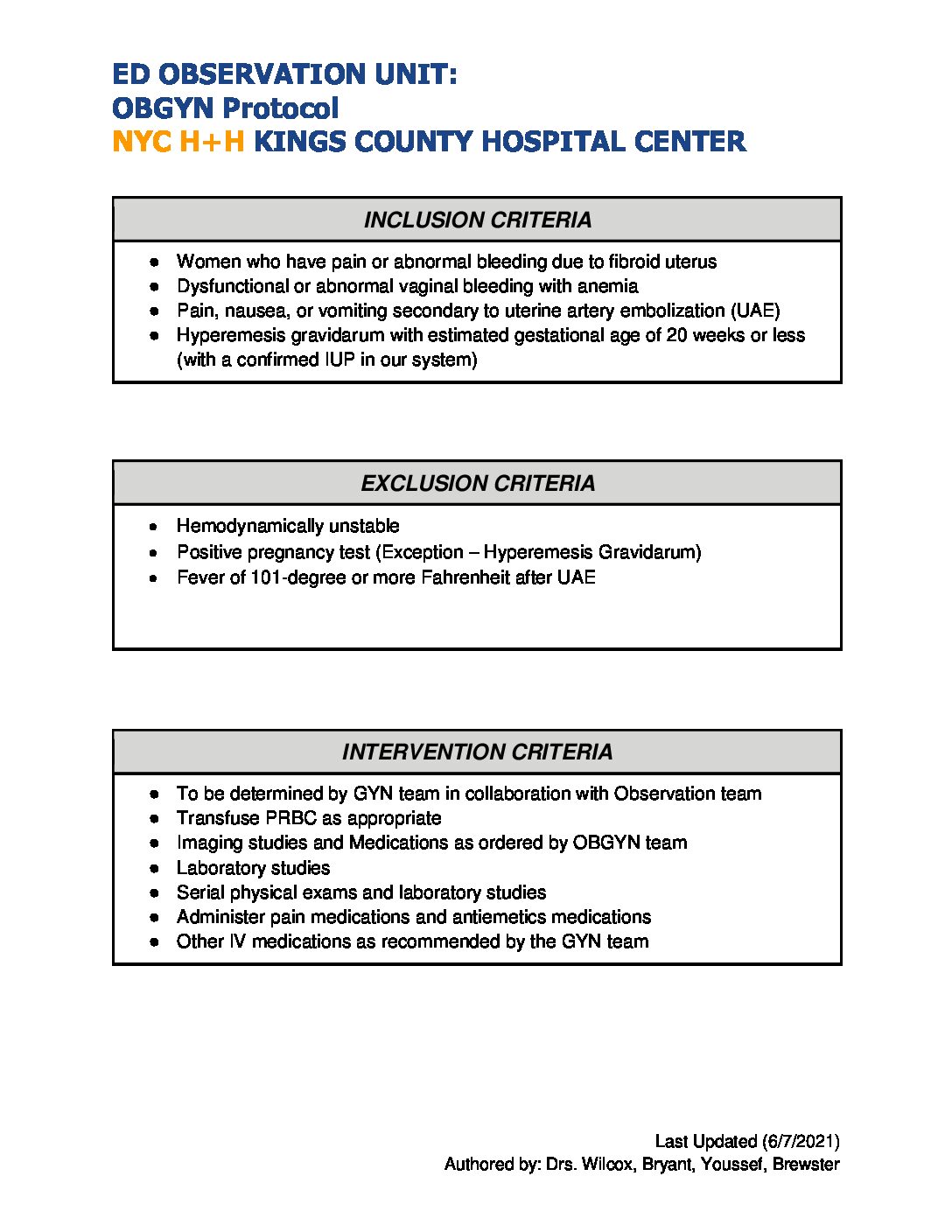 Obgyn Obs Protocol Kings County Hospital Suny Downstate 6011