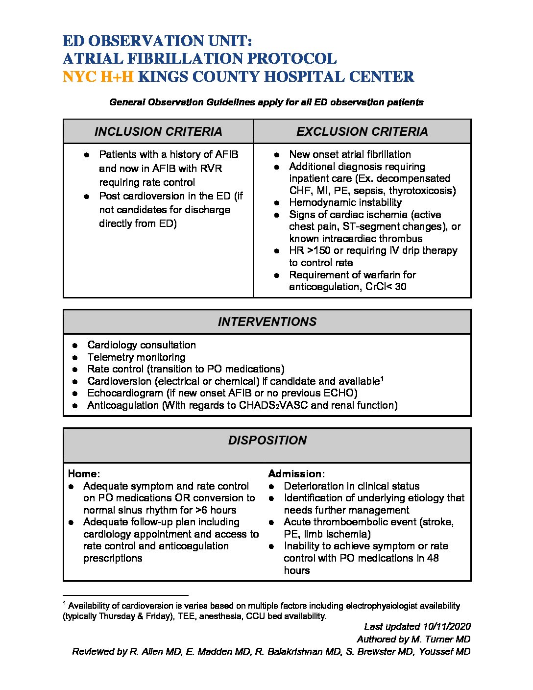 Atrial Fibrillilation Protocol 10112020 Kings County Hospital Suny Downstate 1958