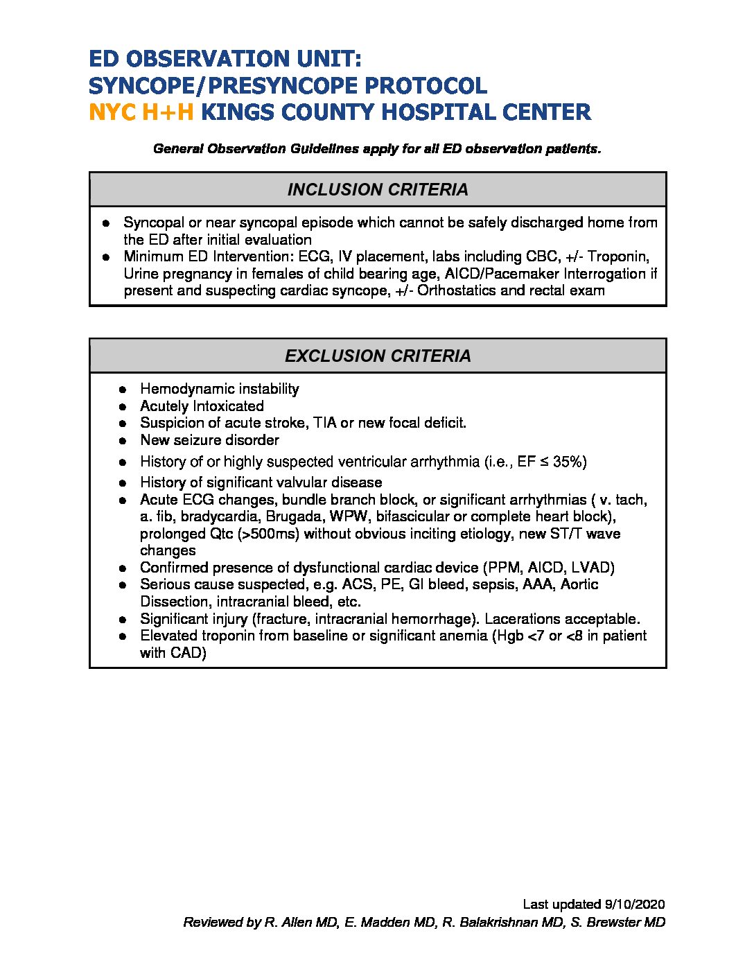 Syncope Protocol 1062020 Kings County Hospital Suny Downstate 2444